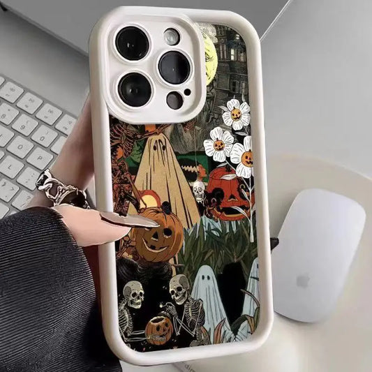 Halloween Pumpkin and Ghost Patterns Fully Covered White Anti Fingerprint Soft Phone Case, Compatible with iPhone 17... Pro Max
